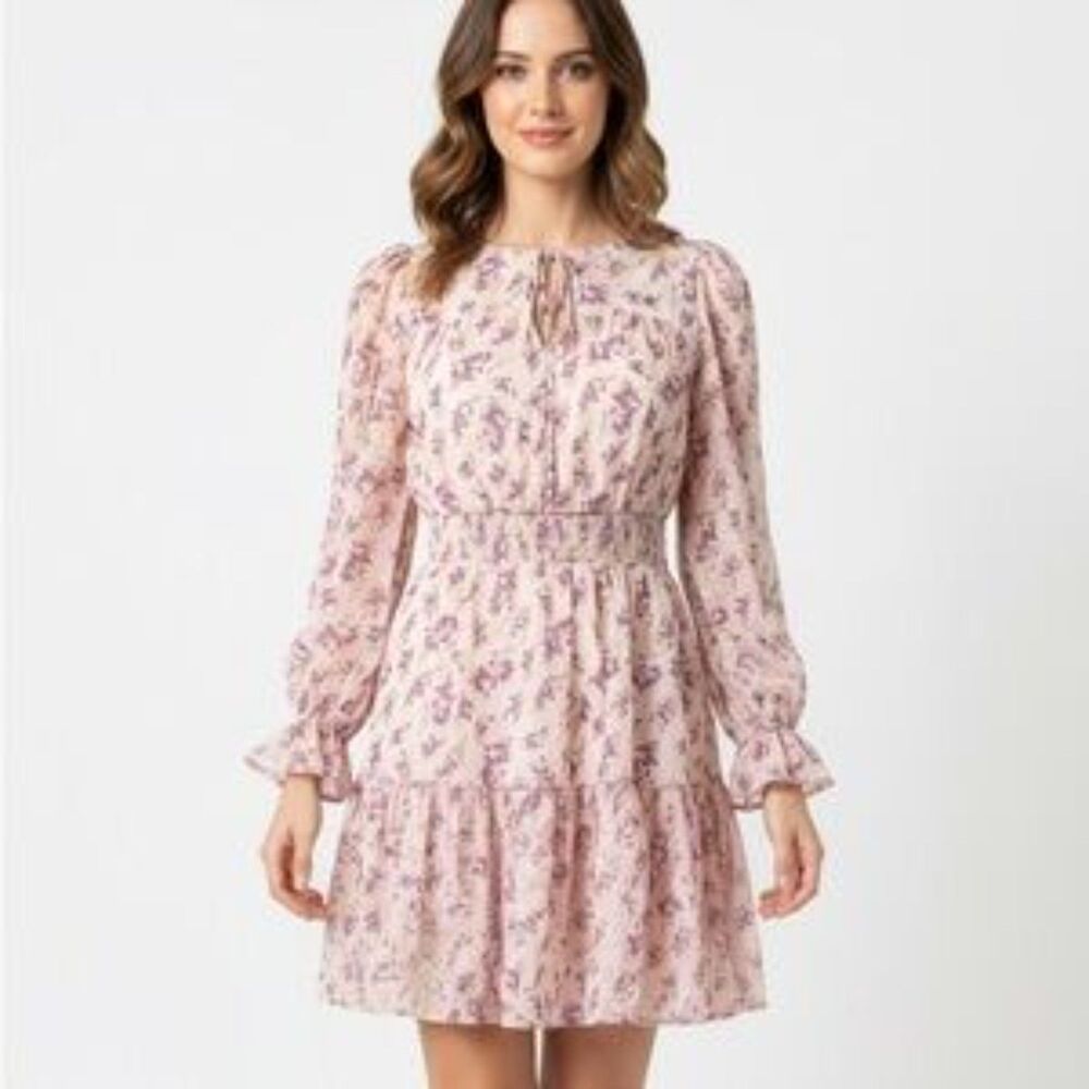 Lucy Paris White & Purple Floral-Print Long Sleeve Dress Size Small